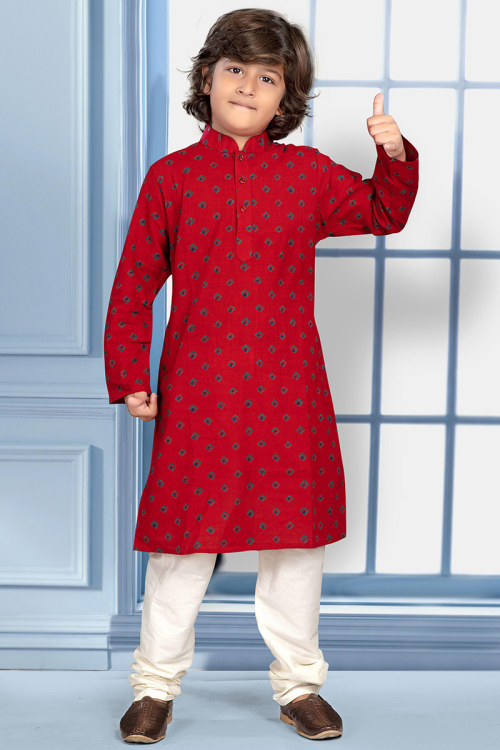 Red Printed Cotton Straight Cut Boy's Kurta Churidar 