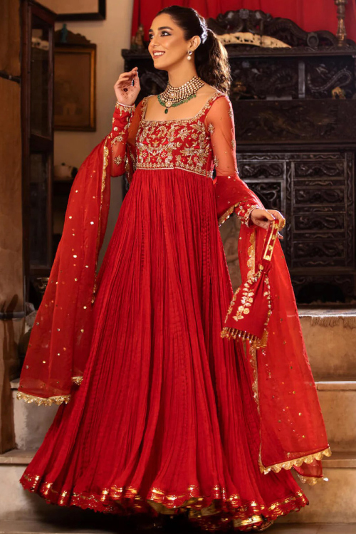 Red Raw Silk Embroidered A Line Anarkali Suit for Reception