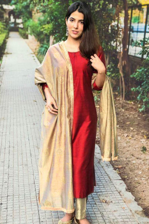 Red Dupion Silk Embroidered Straight Pant Suit