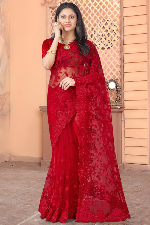 Red Thread Embroidered Net Saree