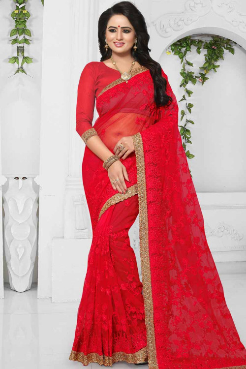 Red Silk Saree With Net Blouse
