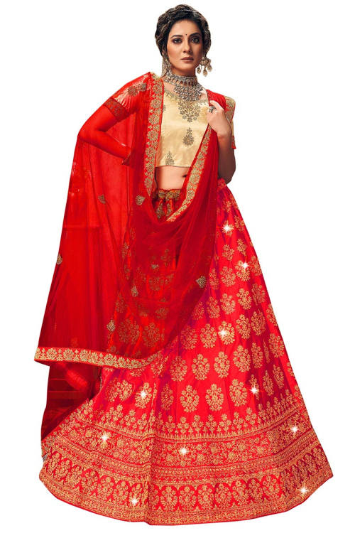 Red Satin A Line Embroidered Lehenga