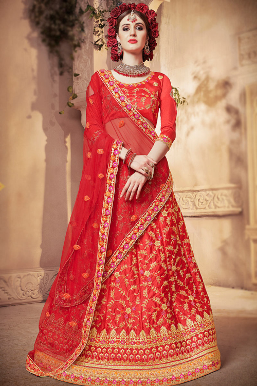 Red Satin Silk Dori Embroidered Lehenga