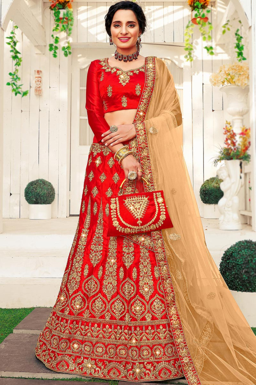Lehenga in Satin Red with Zari Embroidery for Party 