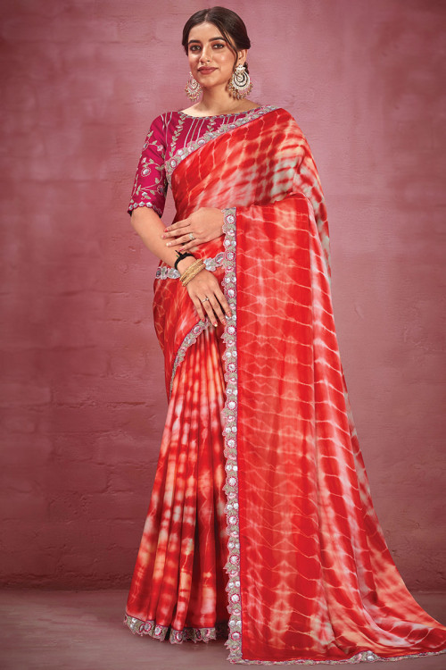 Red Satin Tie Dye Printed Saree