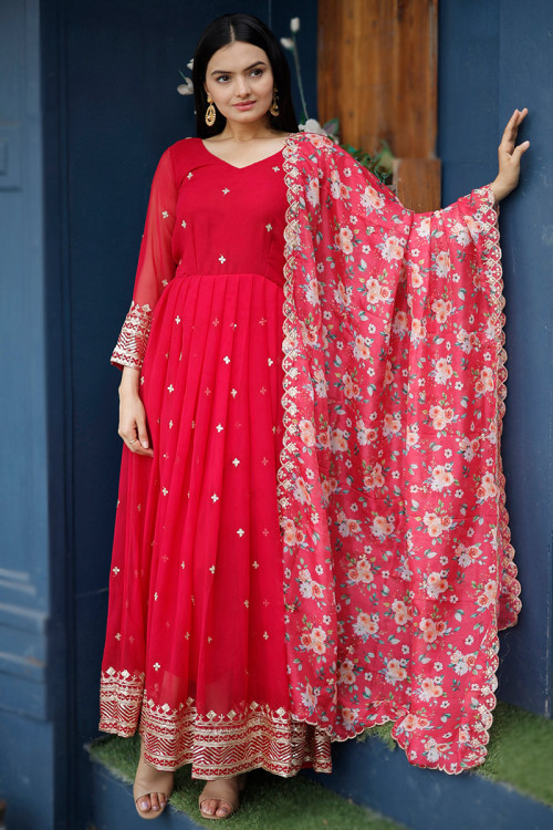 Red Sequins Embroidered Georgette Anarkali Suit For Sangeet 