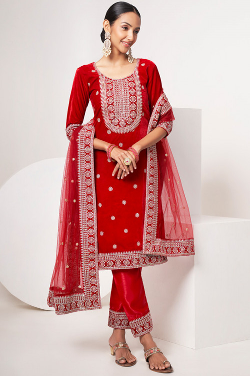 Red Sequins Embroidered Trouser Velvet Suit For Sangeet 