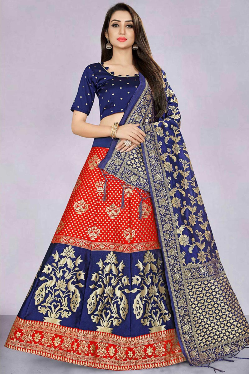 Red Silk A Line Woven Zari Lehenga