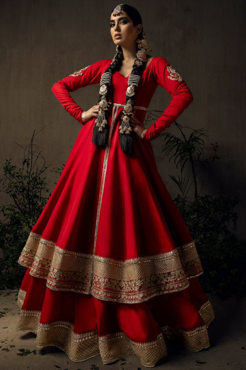 Red Silk Anarkali Style Long Choli Bridal Lehenga
