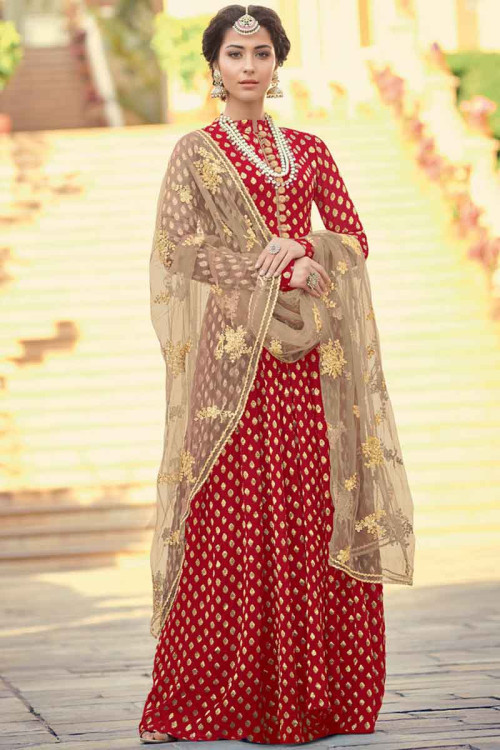 Red Silk Anarkali Suit With Resham Work