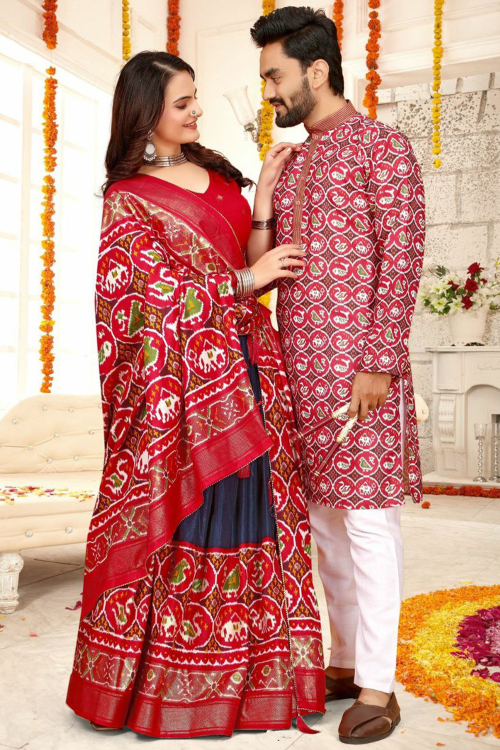 Red Silk Blend Foil Print Couple's Outfit 