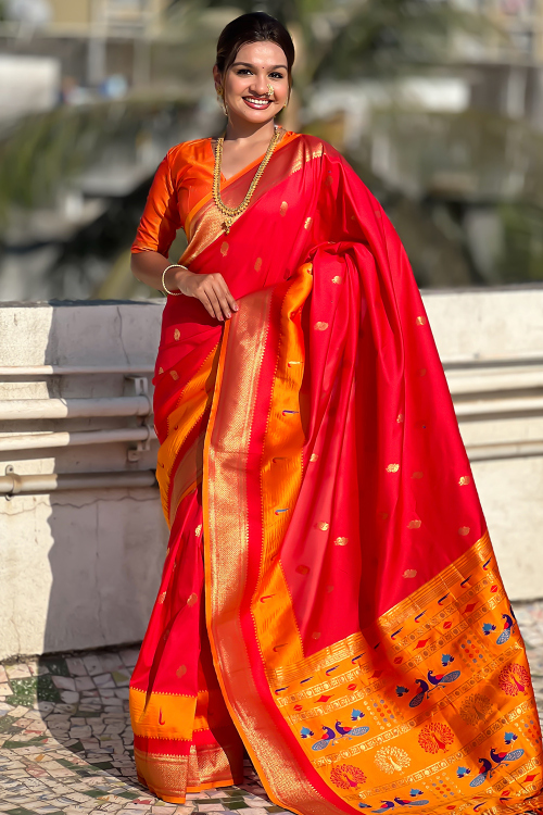 Red Silk Blend Saree With Weaved Work For Diwali