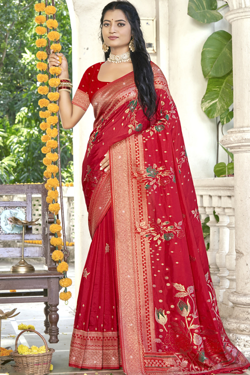 Red Silk Blend Weaved Broad Border Saree 