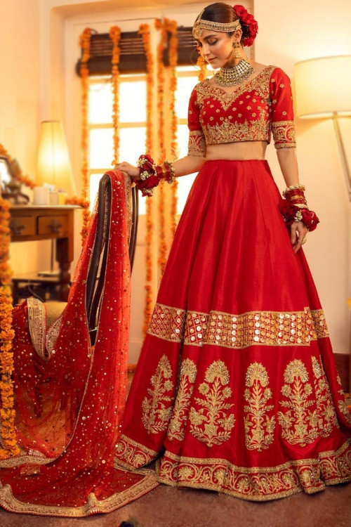 Lehenga in Red Silk for Bridal Wear with Stone embroidery