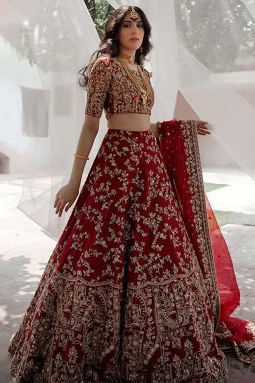Eye-Captivating Red Color Georgette Base Sequins Base Bridal Lehenga With  Designer Choli