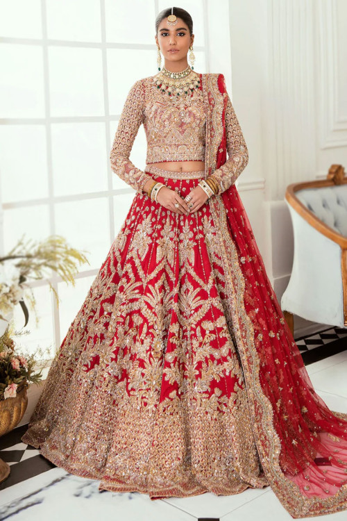 Silk Lehenga with Beads Embroidery in Red for Wedding 