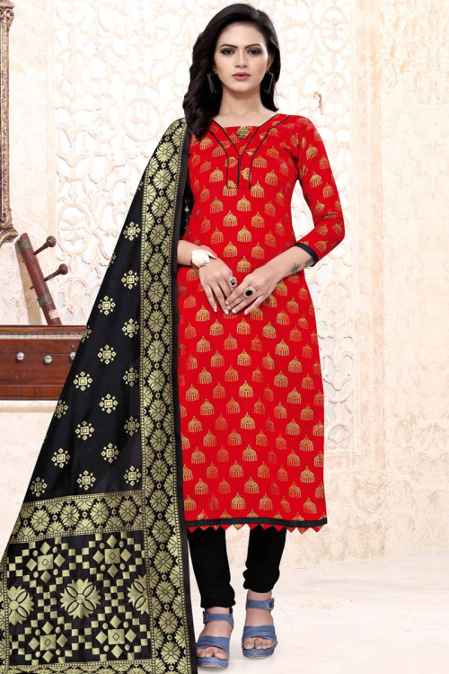 Red Silk Embroidered Churidar Suit