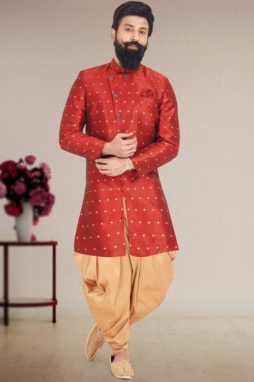 Red Silk Embroidered Men Sherwani