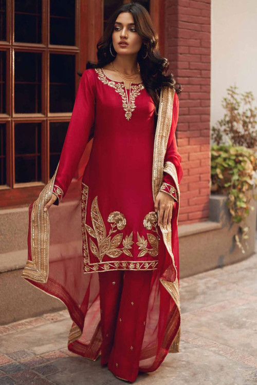 Red Silk Embroidered Pakistani Trouser Suit