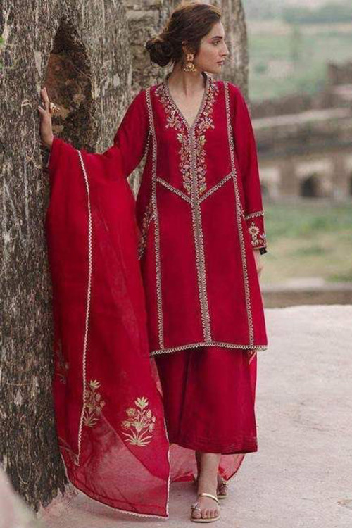 Red Silk Embroidered A-Line Style Palazzo Suit