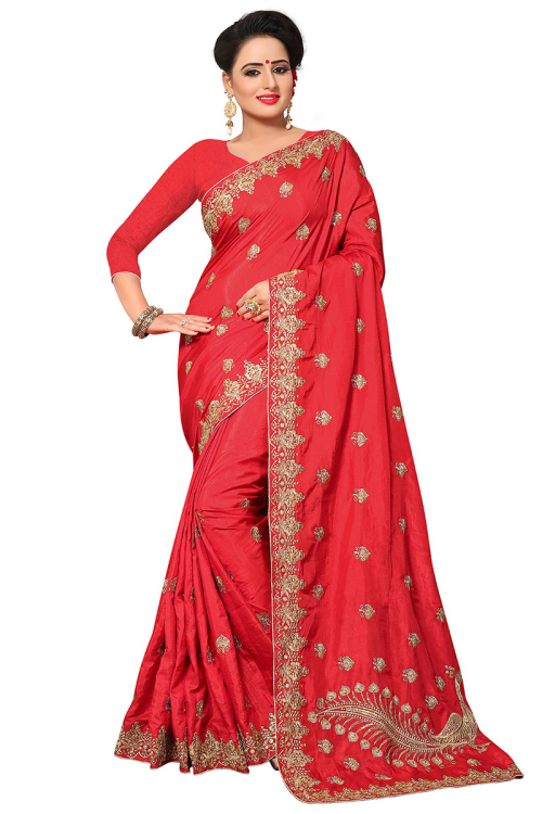 Silk Saree with Stone Embroidery in Red for Party 