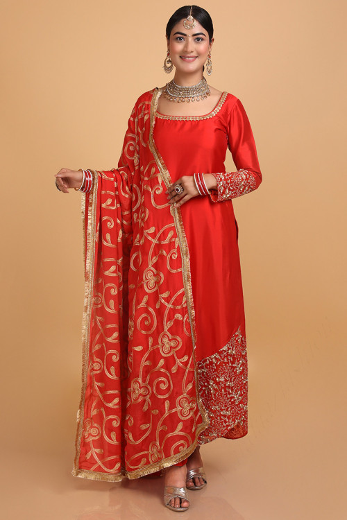 Red Silk Embroidered Straight Pant Suit for Eid