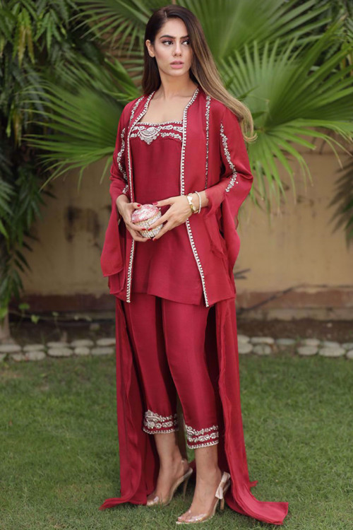 Red Silk Embroidered Trouser Suit