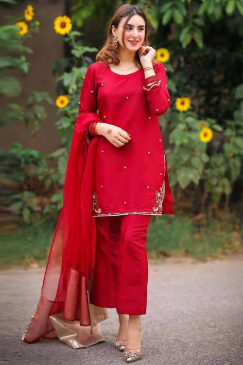 Red Silk Party Wear Embroidered Trouser Suit