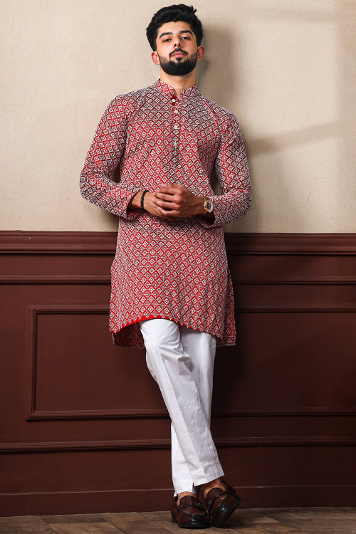 Red Silk Resham Embroidered Men's Kurta Pajama