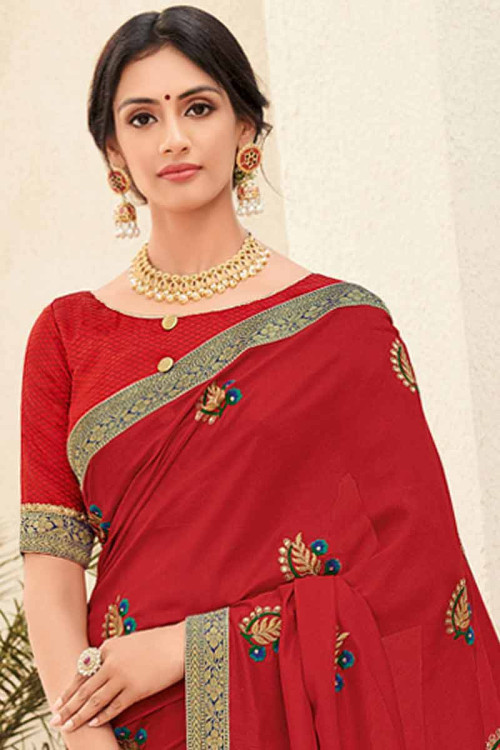 Buy Red Silk Saree With Raw Silk Blouse Online - SARV01528 | Andaaz Fashion