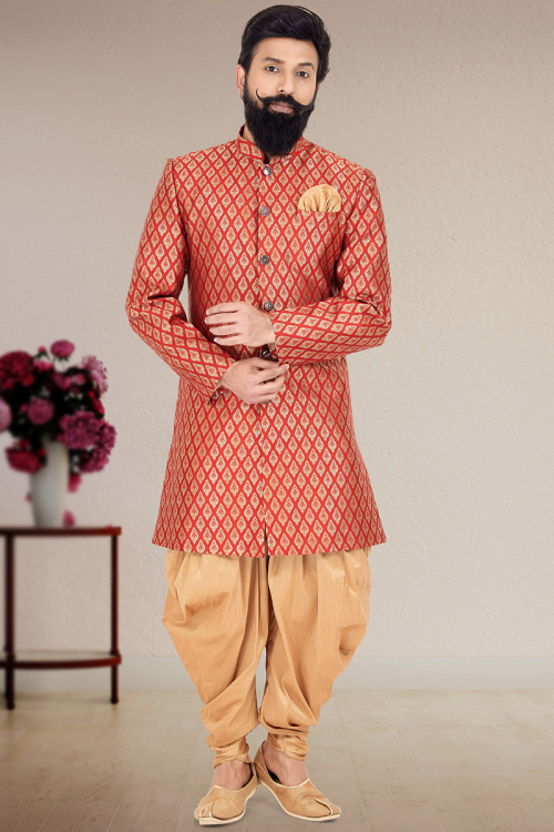 Red Silk Straight Cut Men Sherwani