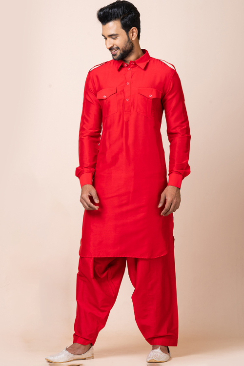 Red Silk Straight Cut Pathani Men's Kurta With Salwar 