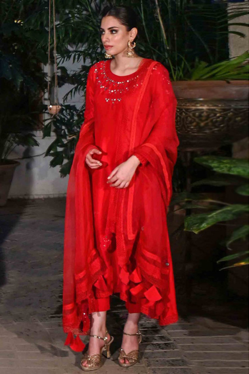 Red Silk Pakistani Trouser Style Suit With Mirror Work