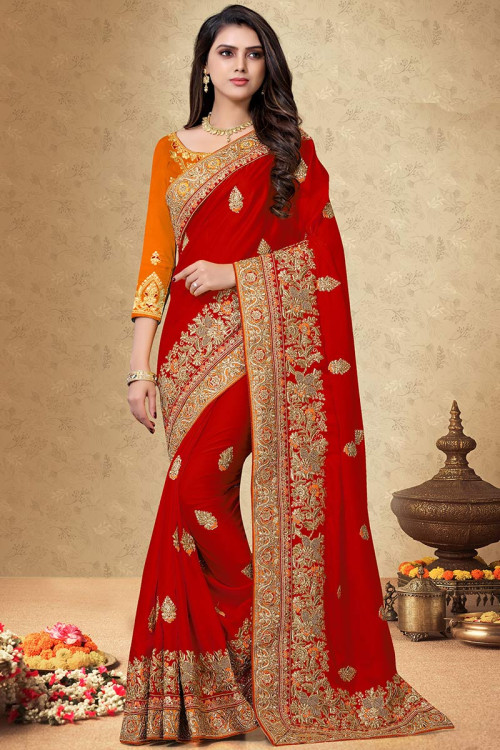 Red Silk Wedding Wear Saree With Dori Work