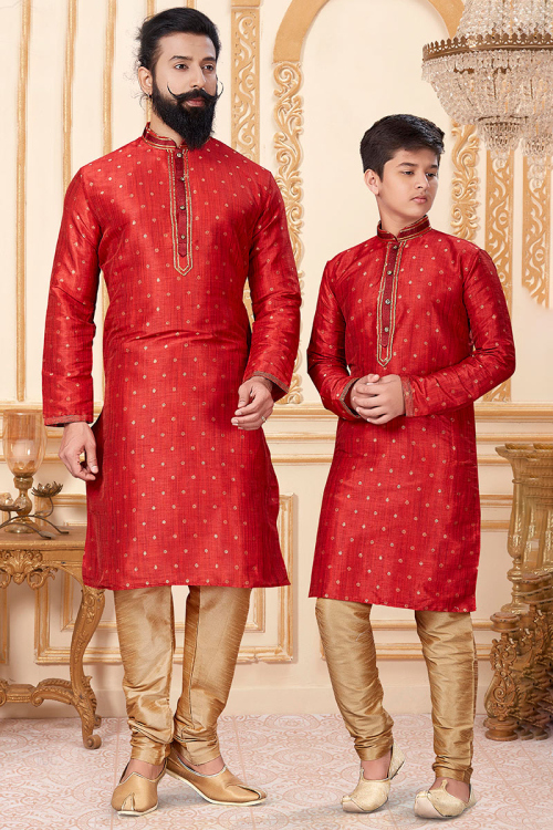 Red Silk Woven Father-Son Duo Kurta With Churidar