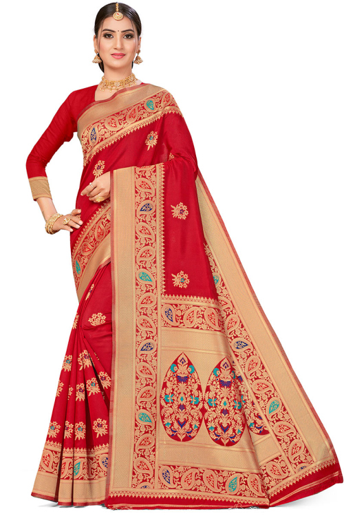 Saree for Party Wear in Silk Red with Zari Work