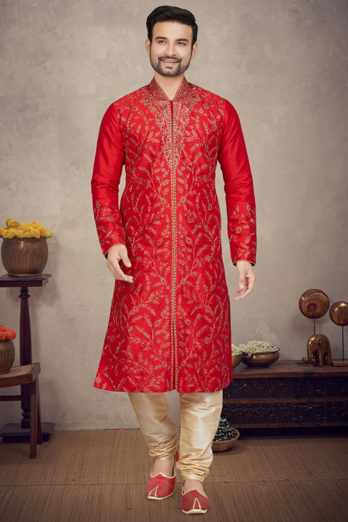 Red Silk Zari Embroidered Men's Kurta With Churidar 