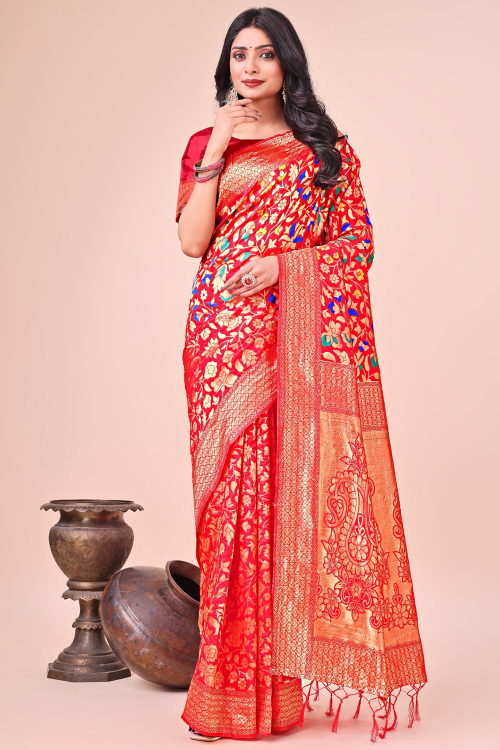 Red Soft Silk Saree with Zari Work for Diwali