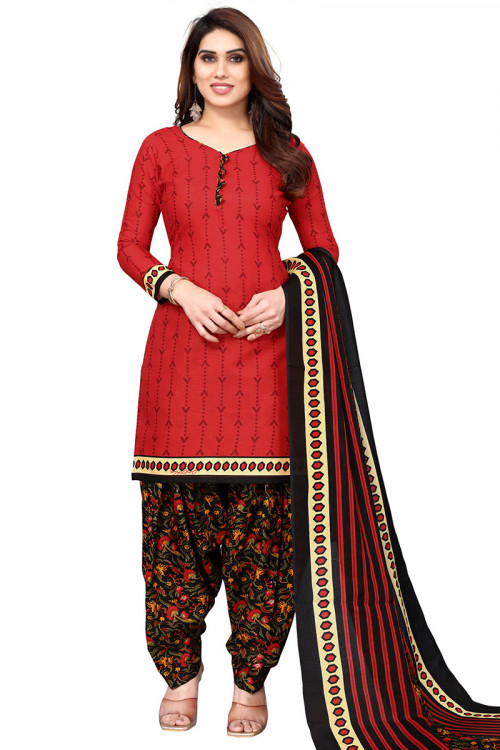 Red Straight Cut Printed Cotton Casual Wear Patiala Suit 