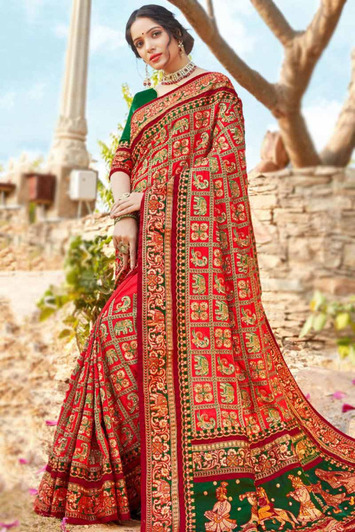 Red Party Wear Thread Embroidered Saree in Silk
