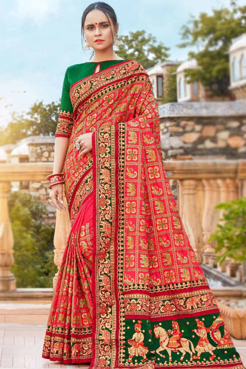 Red Wedding Wear Stone Embroidered Saree in Silk