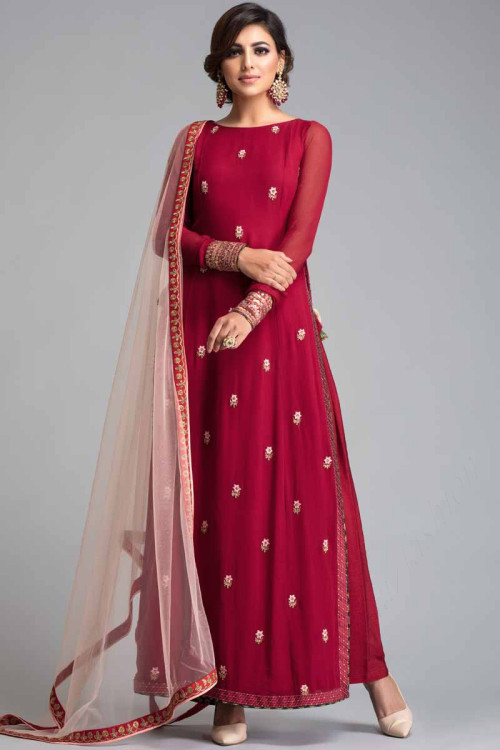 Embroidered Red Crepe Trouser Suit for Eid