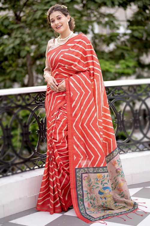 Red Leheriya Party Wear Saree in Tussar Silk