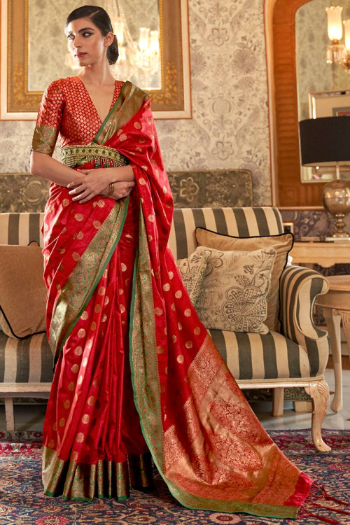 Red Tussar Silk Traditional Saree with Zari Work