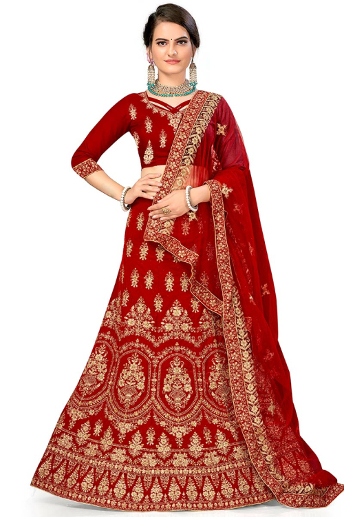Red Velvet Dori Embroidered Lehenga