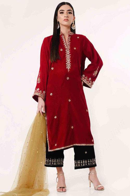 Buy Straight Pant Red Chinese Collar Neck Indian Plus Size Dresses