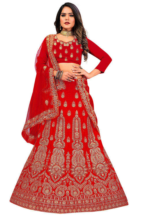 Lehenga for Wedding Wear in Velvet Red with Zari embroidery