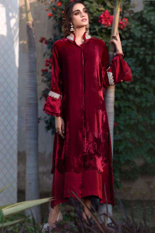 Red Velvet Embroidered Pakistani Trouser Suit