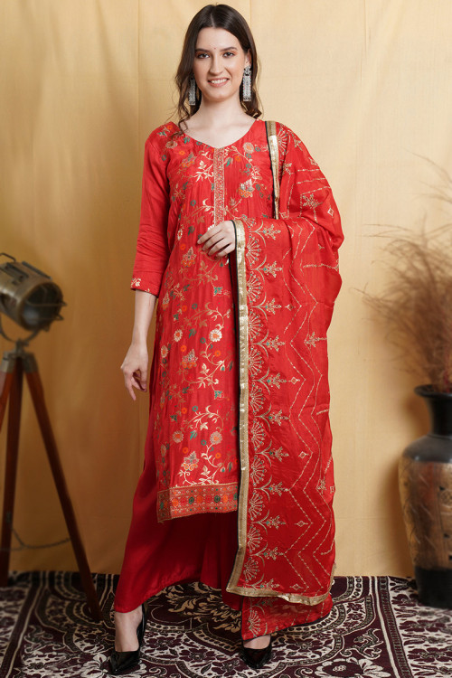 Red Weaved Zari Casual Wear Silk Palazzo Suit 