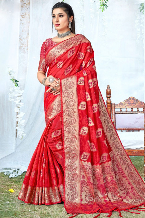 Coral Peach Woven Banarasi Organza Saree – Zari Banaras